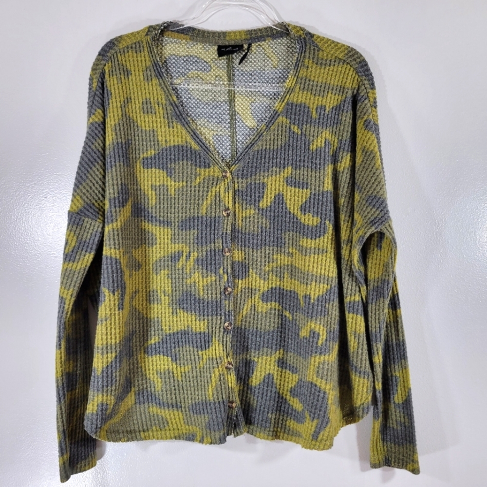 UO OUT FROM UNDER camo waffle knit dropped sleeve oversized button down top